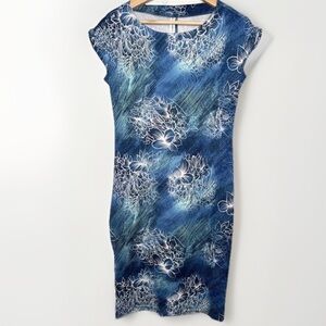 Anastasimio Womens Dress Size L Blue Floral Short Sleeve Slit Hem Artistic